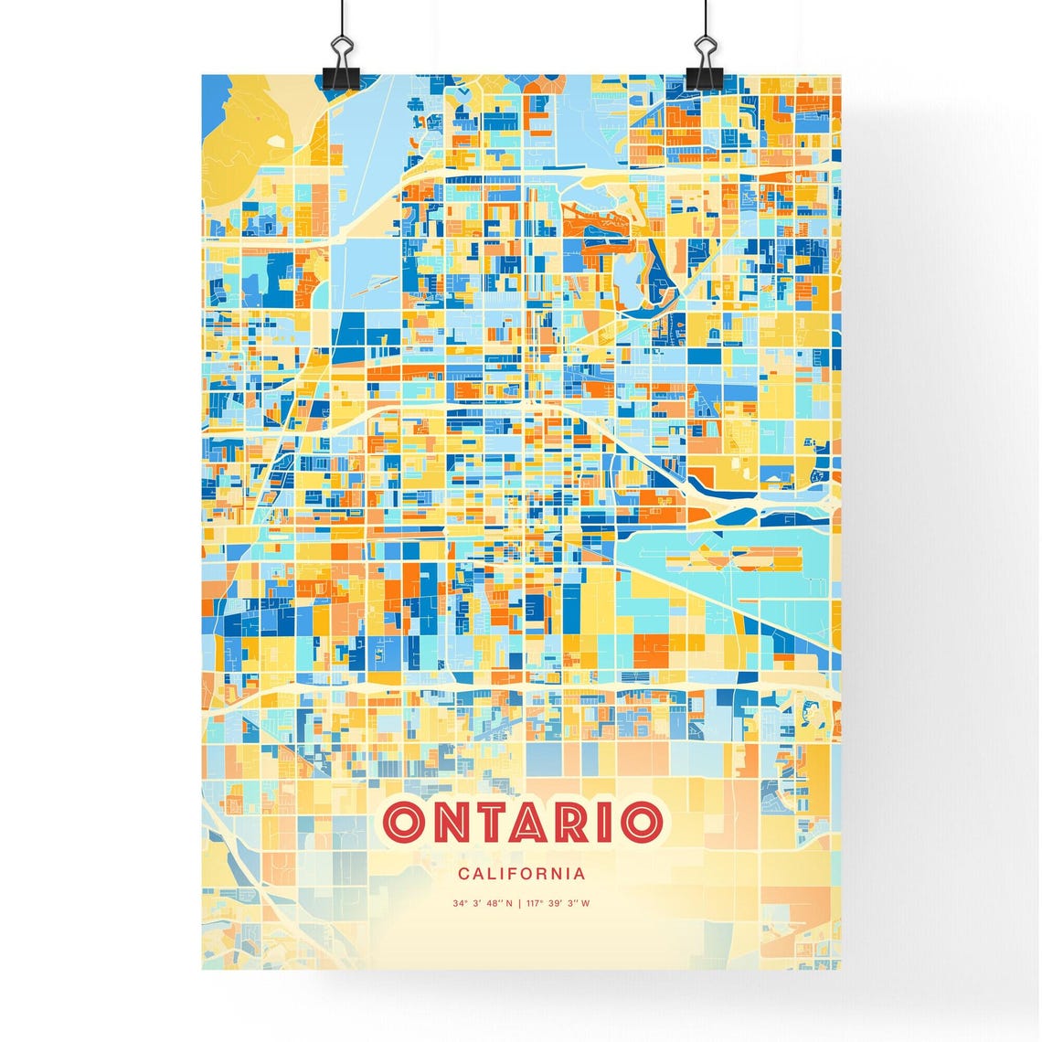 Ontario California Modern Vibrant Blue Orange Map Art Poster - Image 3