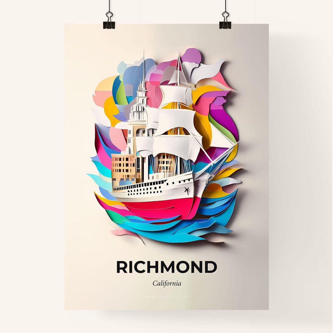 Richmond California Tall Ship Colorful Waves Paper Cut Poster - Image 4