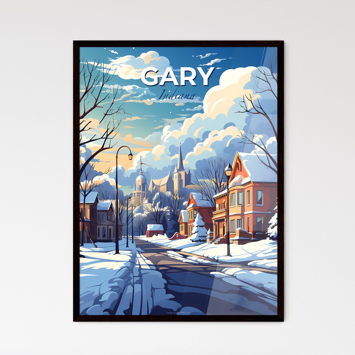 Gary Indiana Winter Street Travel Poster Snowy Homes Church City Art
