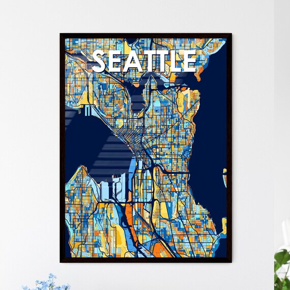 Seattle City Map Poster in Blue and Orange on Navy Background