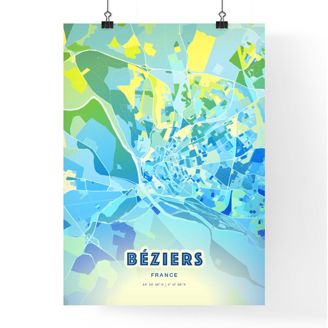 Béziers France Colorful Modern Bluish City Street Map Art Poster - Image 2