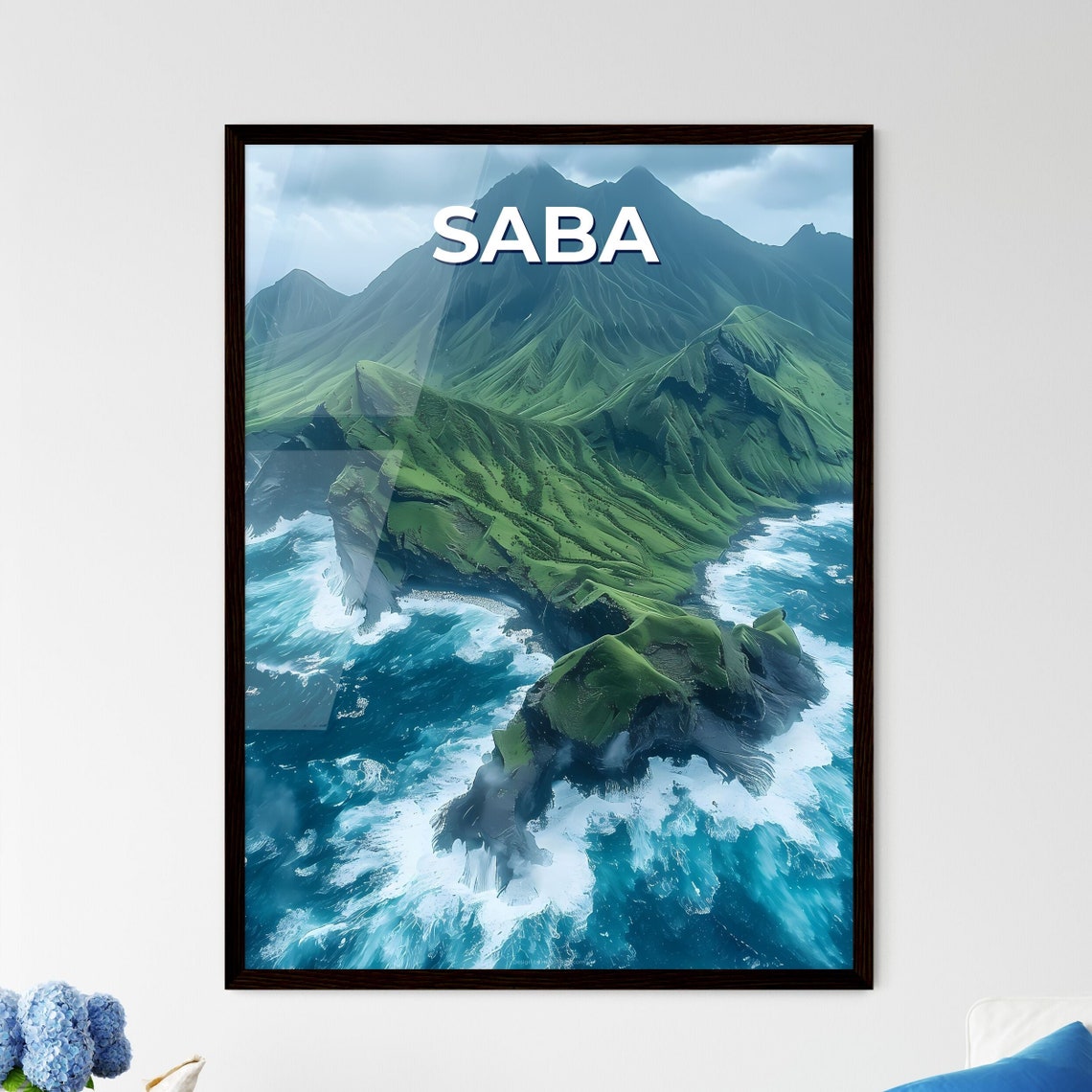 Saba Island Lush Green Peaks Ocean Cliffs Aerial View Poster