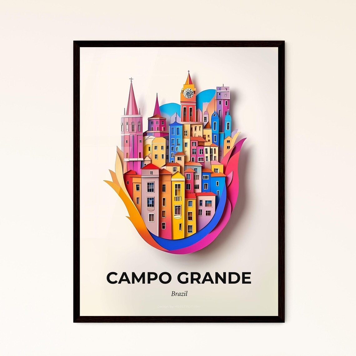 Campo Grande Brazil Clock Tower Churches Paper Cut City Art Poster