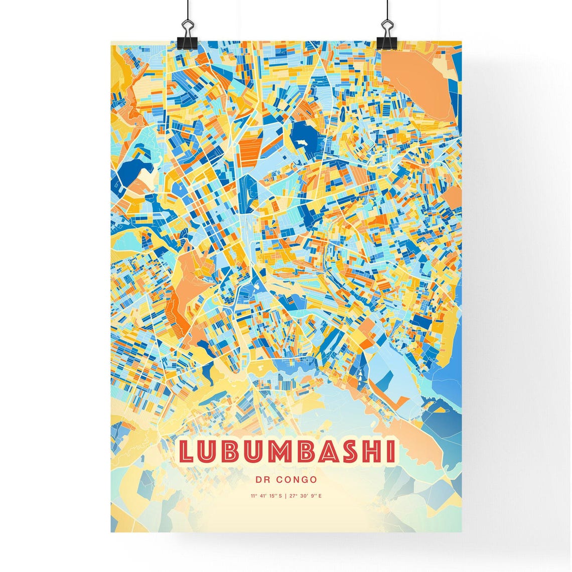 Vibrant Lubumbashi DR Congo Blue Orange City Street Map Art Poster - Image 3