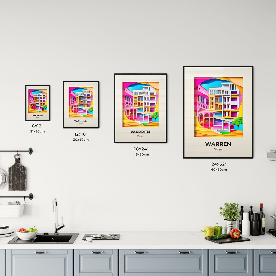 Warren Michigan Colorful City Buildings Paper Cut Art Poster - Image 3