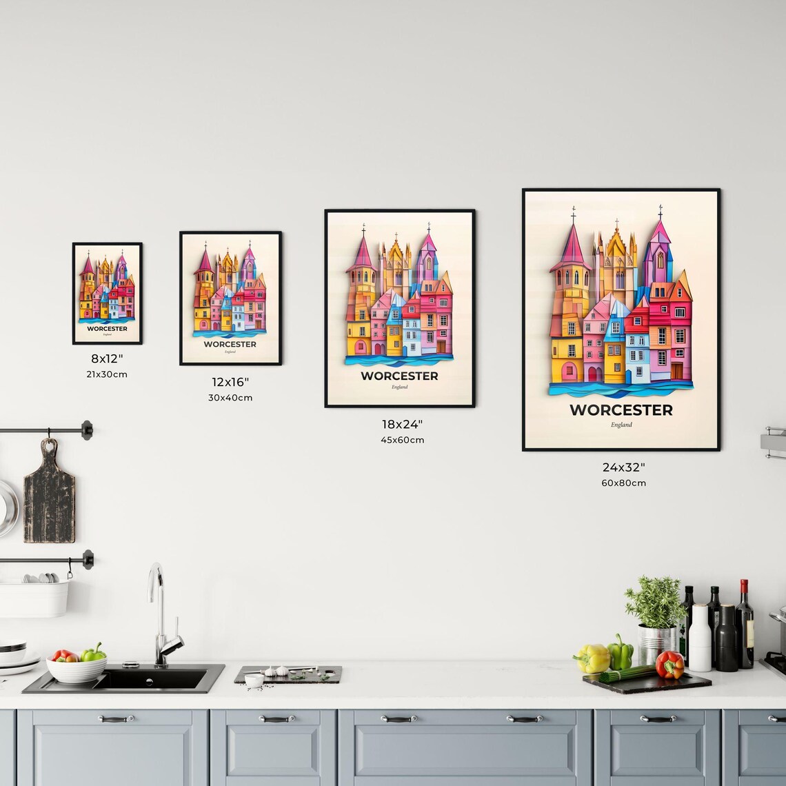 Worcester England Cathedral Colorful Town Vivid Paper Cut Poster - Image 3