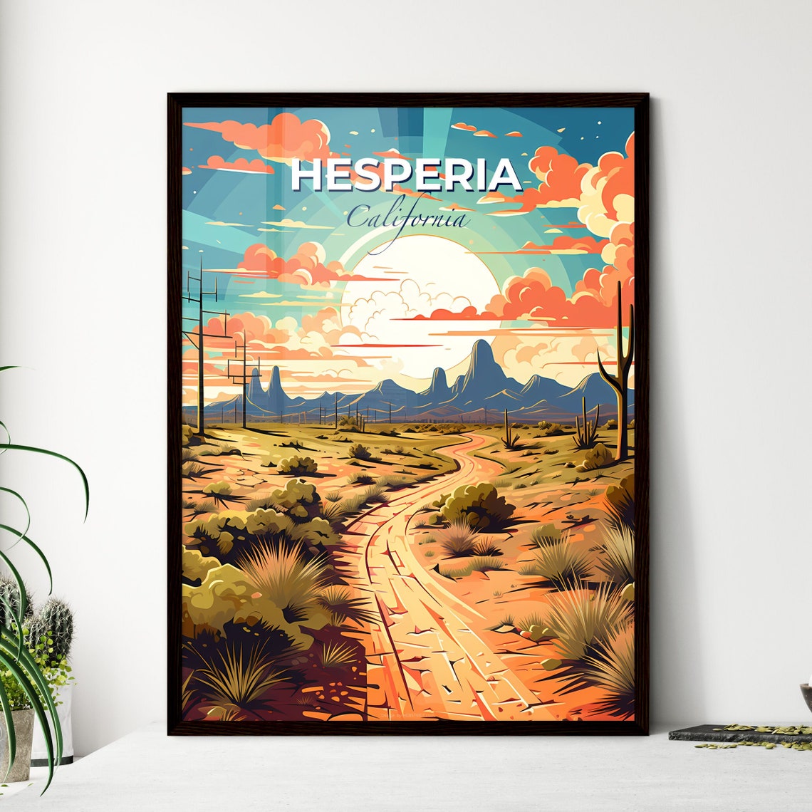 Hesperia California Desert Road Cacti Mountain Sunset Poster
