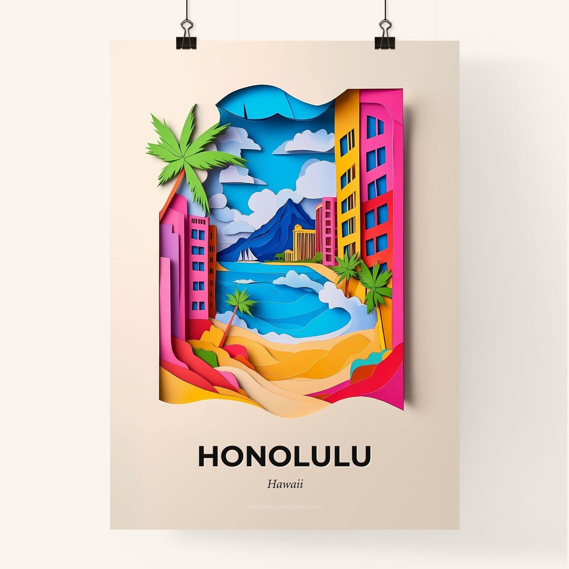 Honolulu Hawaii Beach Palms And Volcano Paper Cut Travel Poster - Image 4