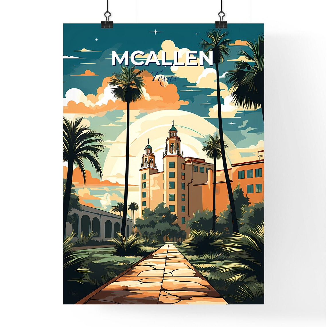 McAllen Texas Spanish Colonial Tower Palm Walkway Sunset Poster - Image 4