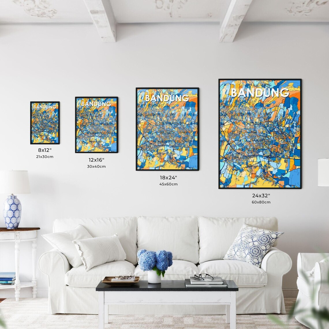 Bandung Indonesia Stylish Vibrant Blue and Orange Mosaic City Map Poster - Image 3