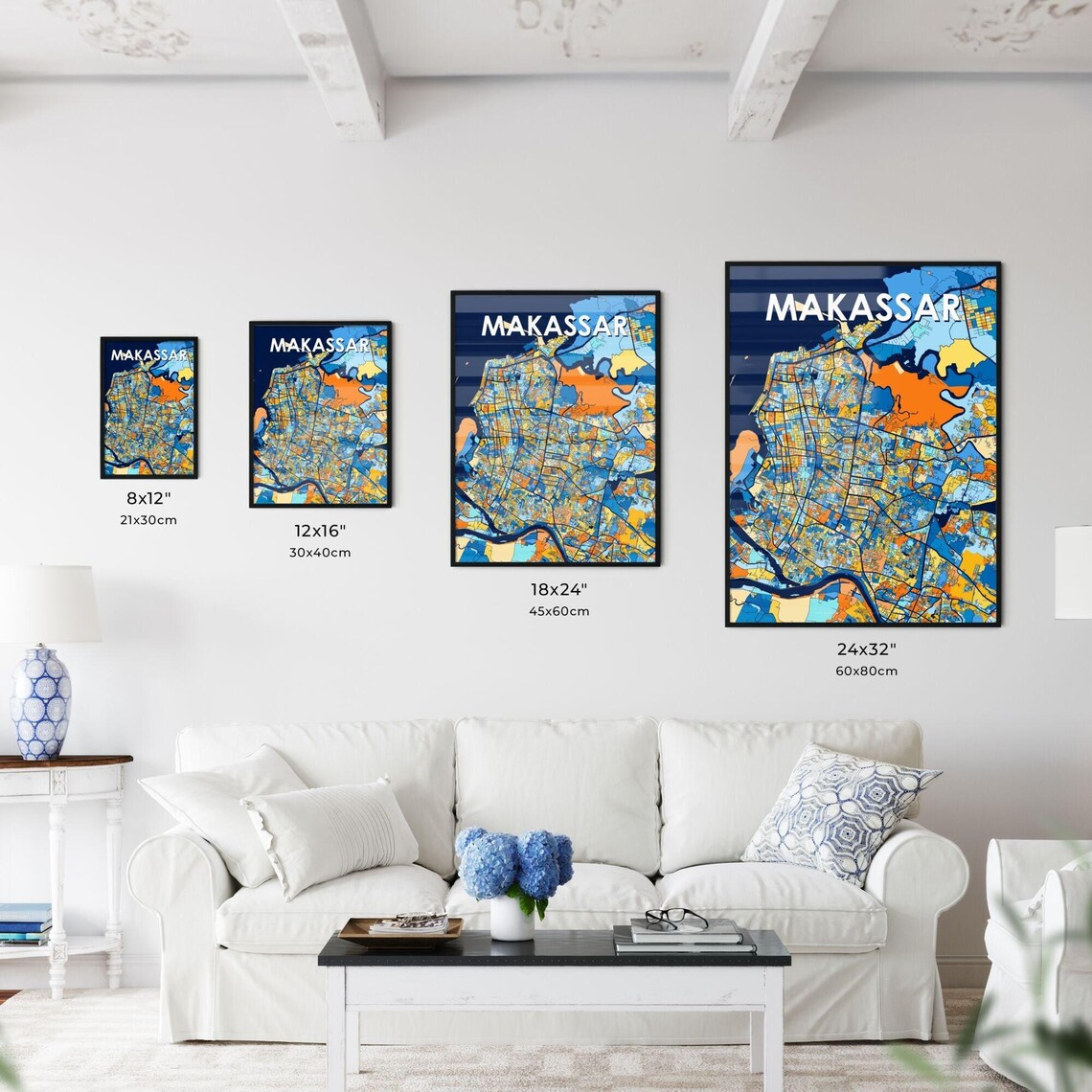Makassar Indonesia Blue Orange City Map Poster Bold Modern Street Grid Art - Image 3