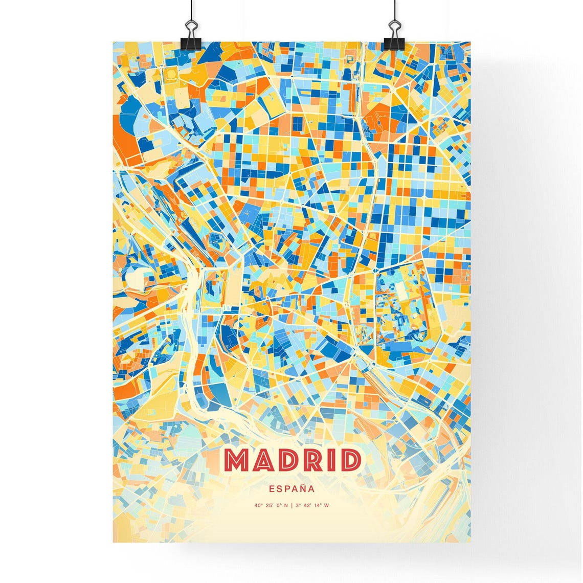 Madrid Spain Colorful City Map Art in Blue Orange Blocks Poster - Image 3