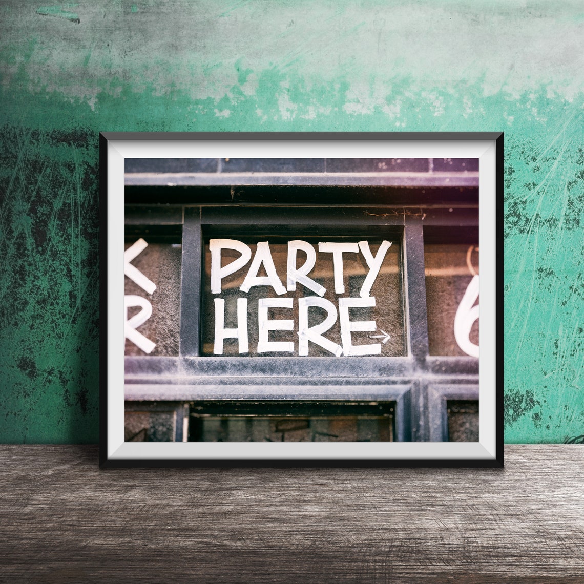 Party Here Hand Painted Shop Window Sign with Arrow Photo Poster