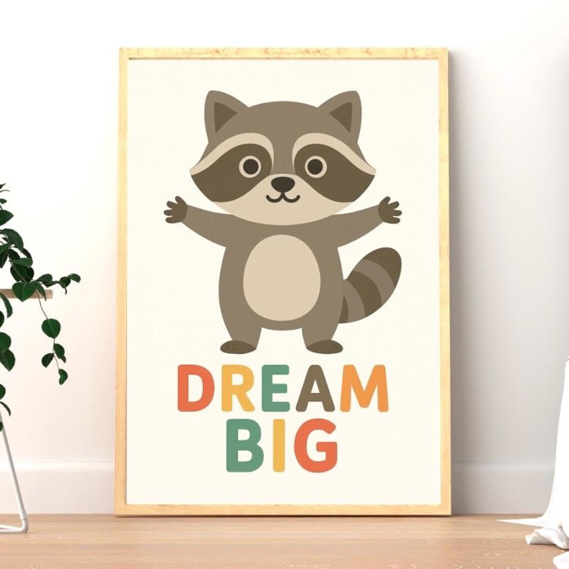 Dream Big Cute Smiling Raccoon Colorful Rainbow Nursery Quote Poster