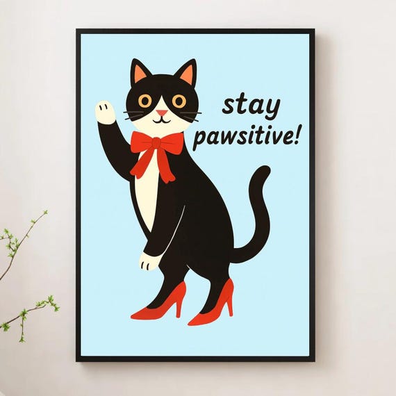 Stay Pawsitive Cat Print Cute Tuxedo In Red Heels Illustration Motivational Wall Art 4000x6000 Png