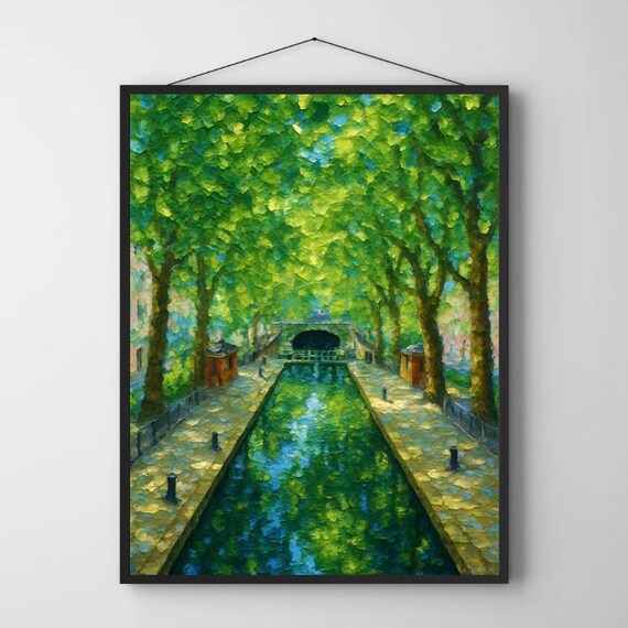 Canal Saint Martin Green Canopy Waterway Impressionist Oil Painting Poster