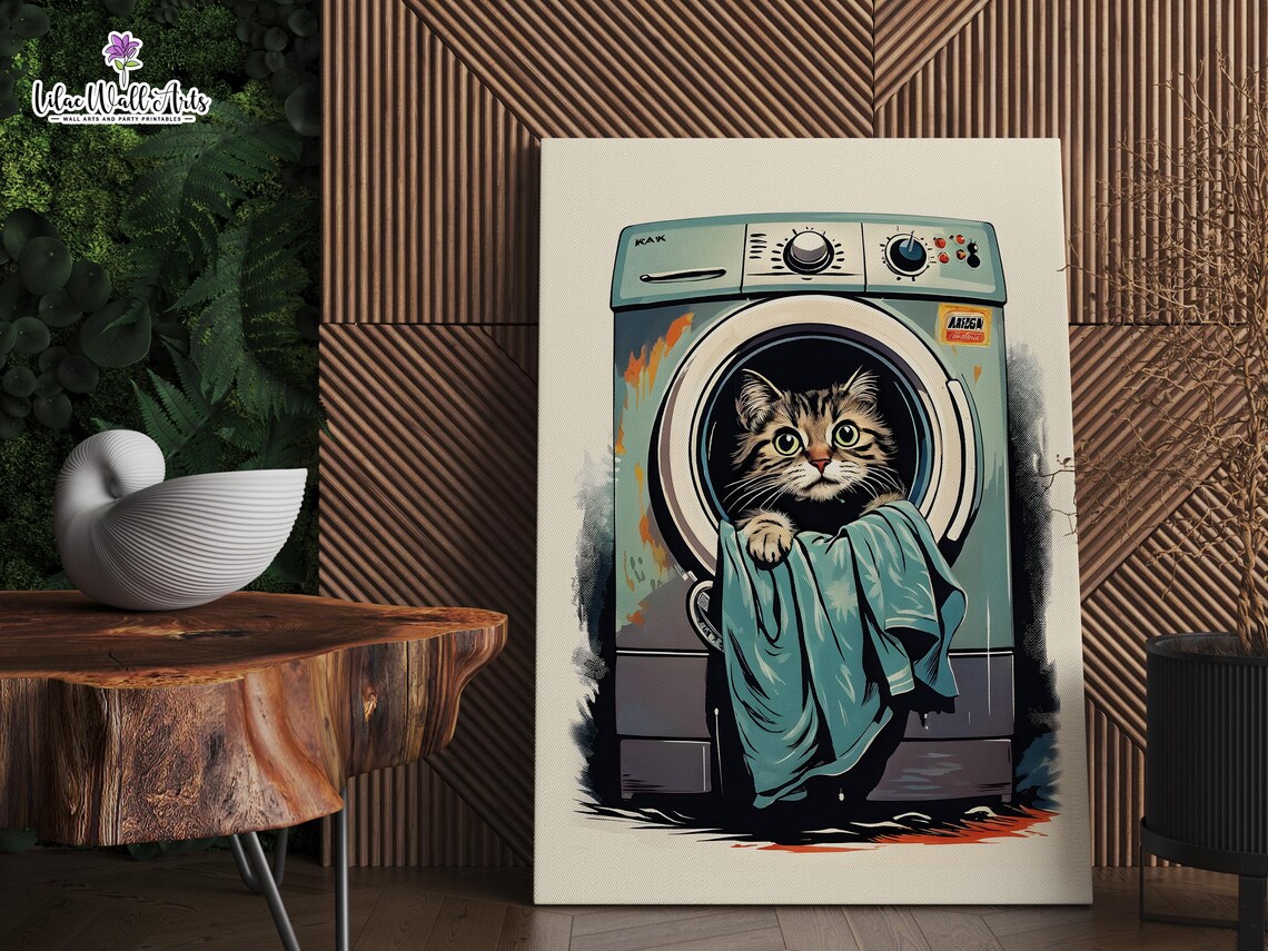 Cat In Retro Washing Machine Pop Art Funny Laundry Room Poster