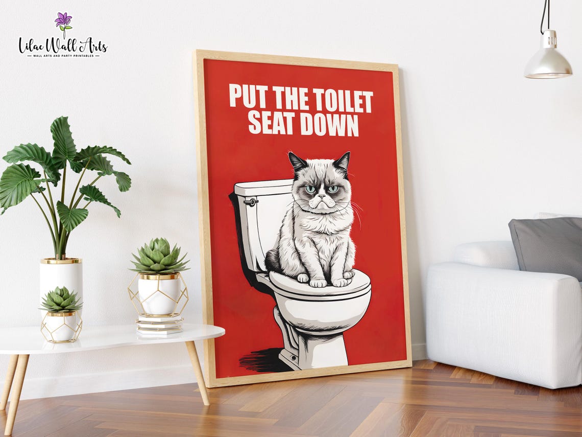 Put The Toilet Seat Down Bold Red Grumpy Cat Bathroom Poster - Image 2