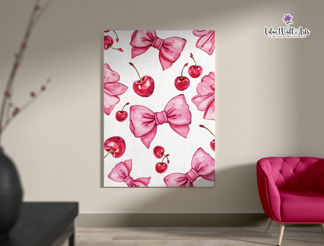 Pink Bow Cherry Pattern Watercolor Coquette Room Decor Poster