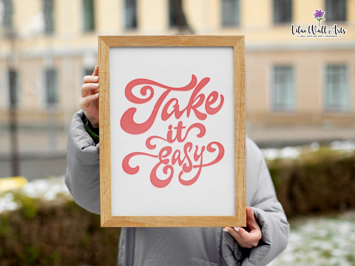 Take It Easy Retro Coral Script Inspirational Quote Wall Art - Image 3