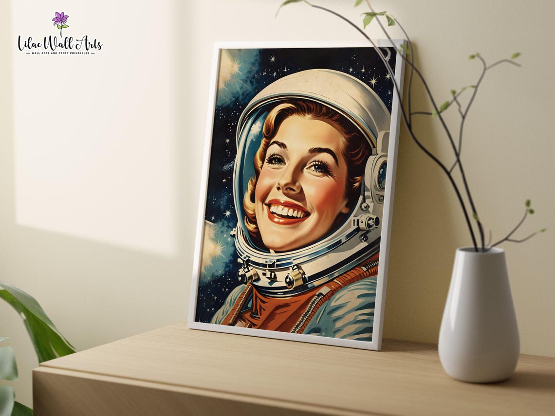 Retro Smiling Woman Astronaut Vintage Sci Fi Space Exploration Poster - Image 2