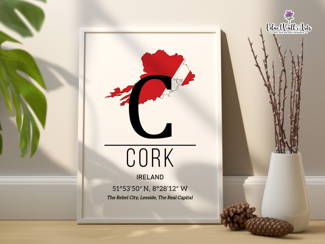 Cork Ireland Map Rebel City Monogram Red County Map Travel Poster