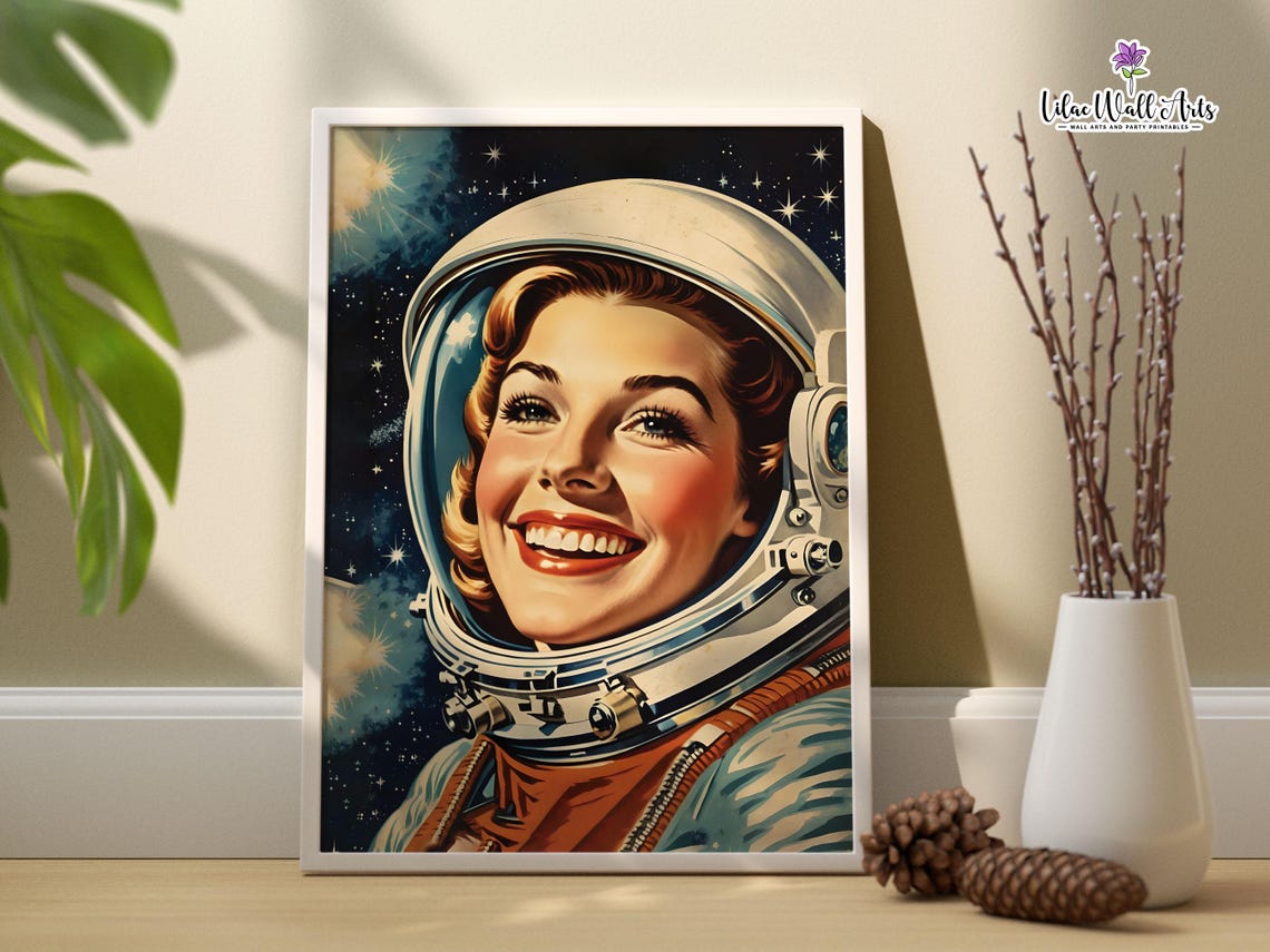 Retro Smiling Woman Astronaut Vintage Sci Fi Space Exploration Poster - Image 3