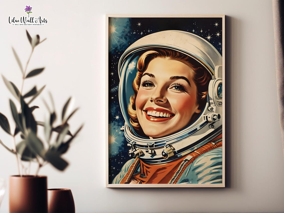 Retro Smiling Woman Astronaut Vintage Sci Fi Space Exploration Poster
