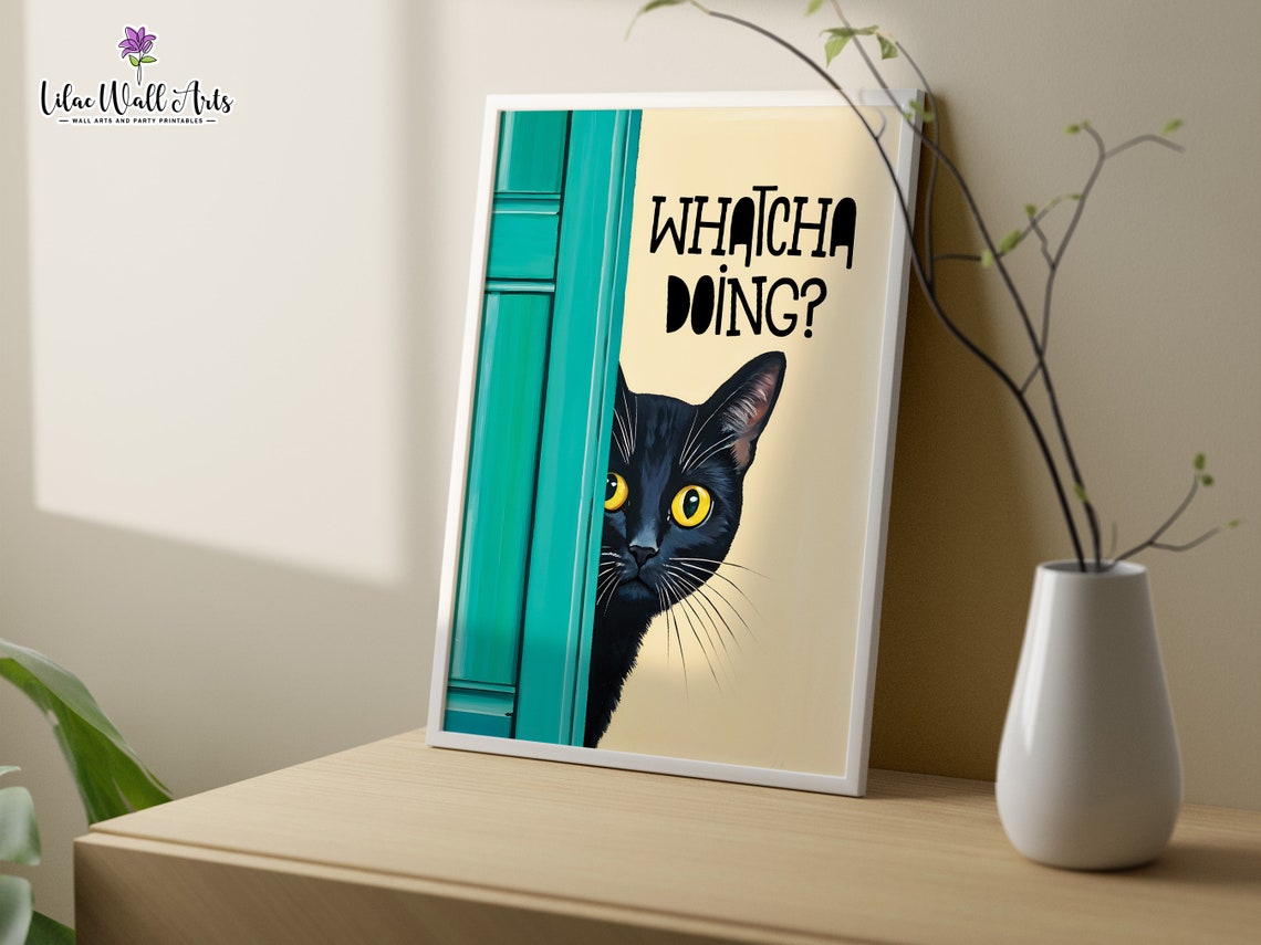Whatcha Doing Black Cat Peeking Door Funny Sassy Kitty Art Poster - Image 2