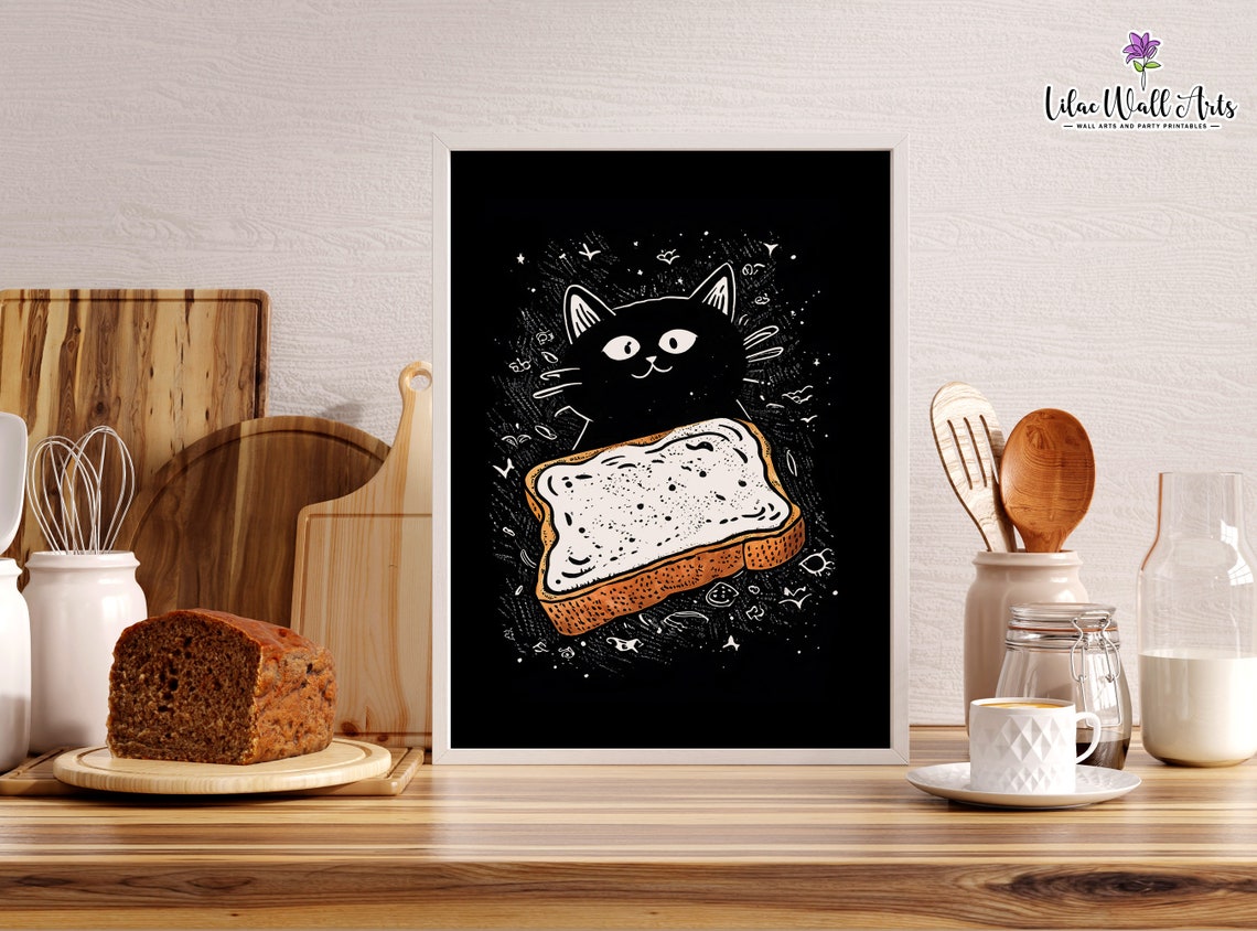 Black Cat Toast Funny Kitchen Poster Quirky Cat Art Bread Decor - Image 3