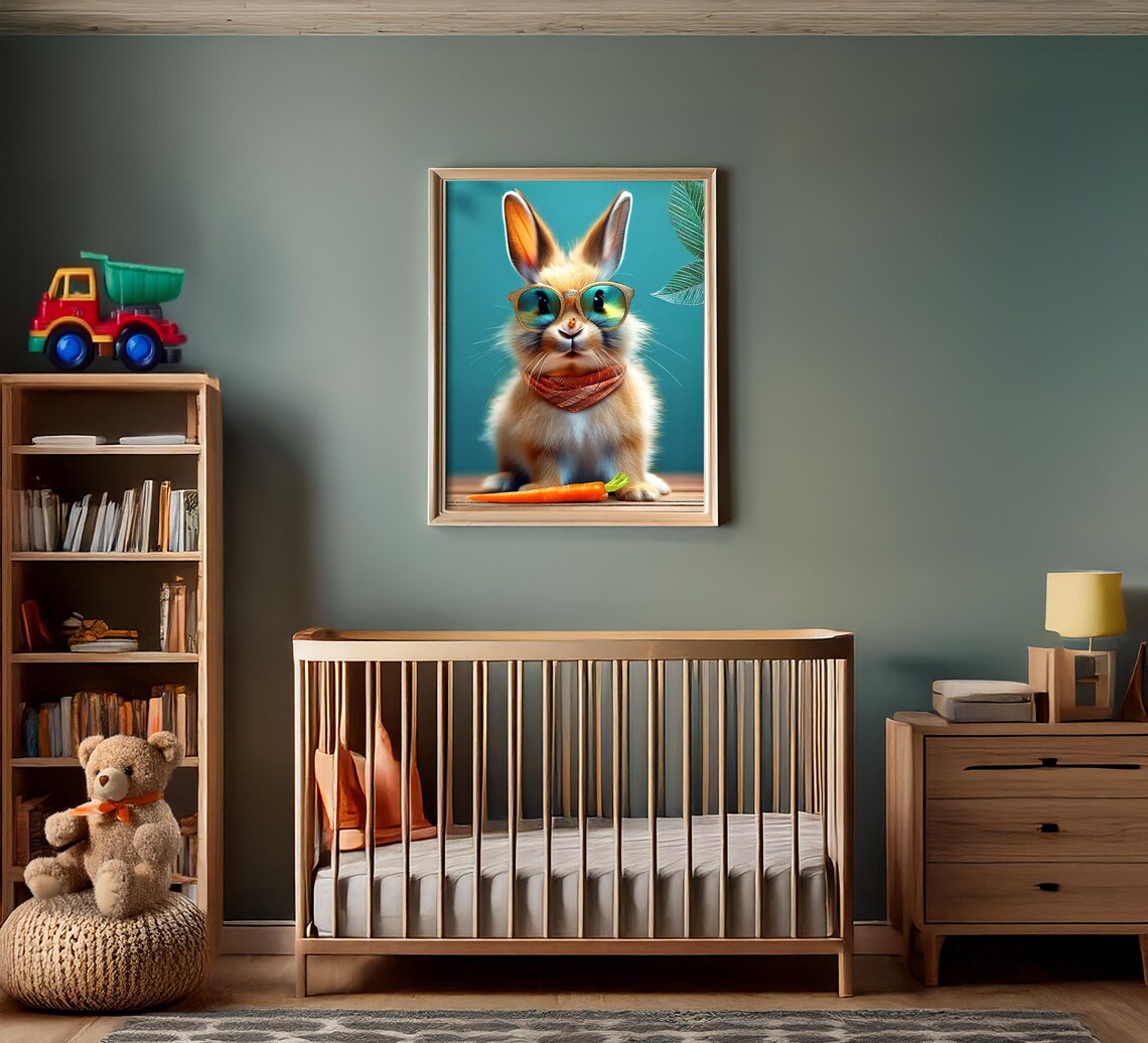 Cool Bunny with Gold Sunglasses Scarf and Carrot on Teal Print - Image 2