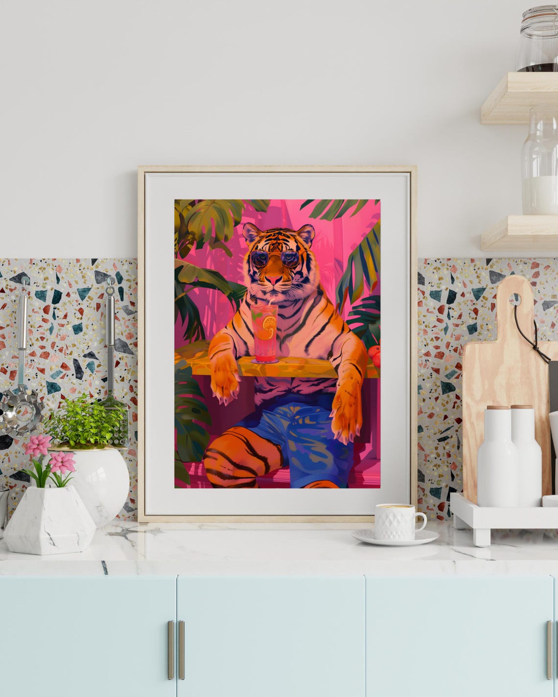 Cool Tiger Sipping a Cocktail at a Pink Tropical Tiki Bar Poster - Image 2