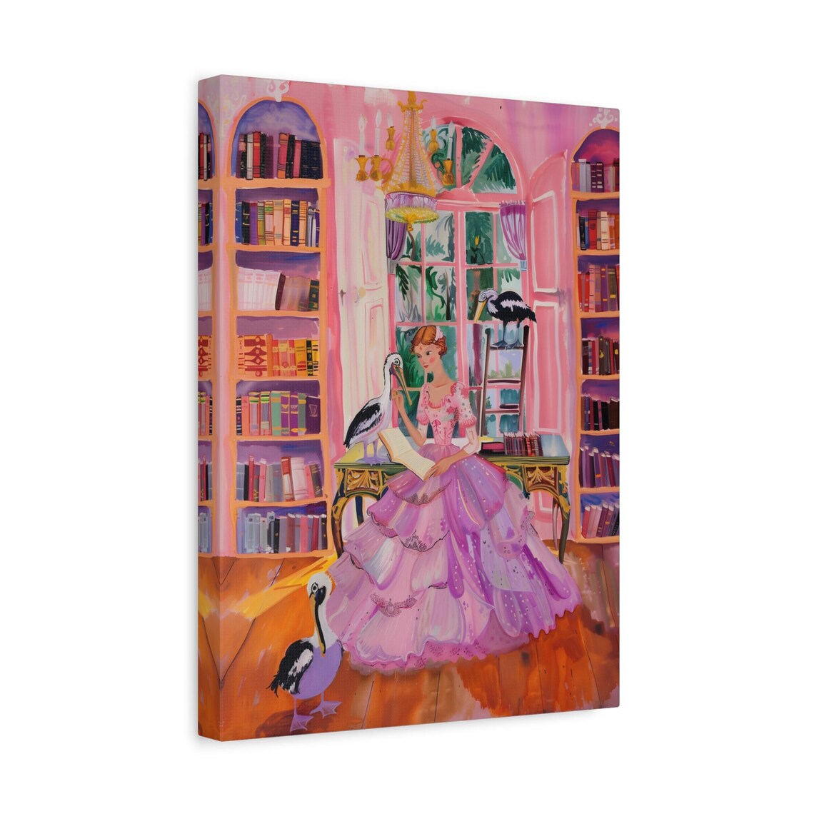 Lady Reading a Letter in a Pink Grand Library with Birds Poster - Image 3