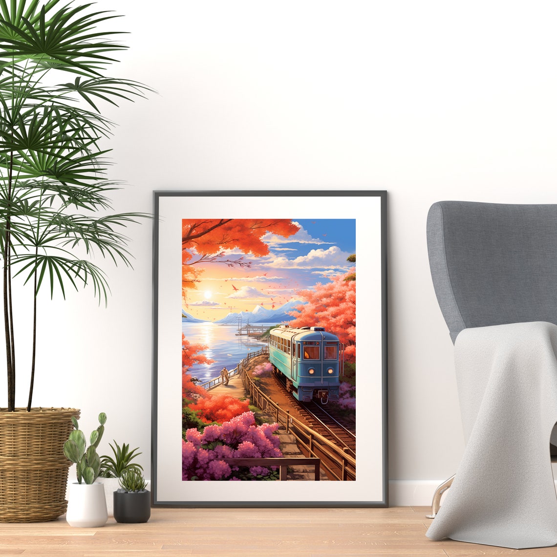 Blue Train at Sunset Along a Japanese Blossom Lakeshore Art Poster - Image 2