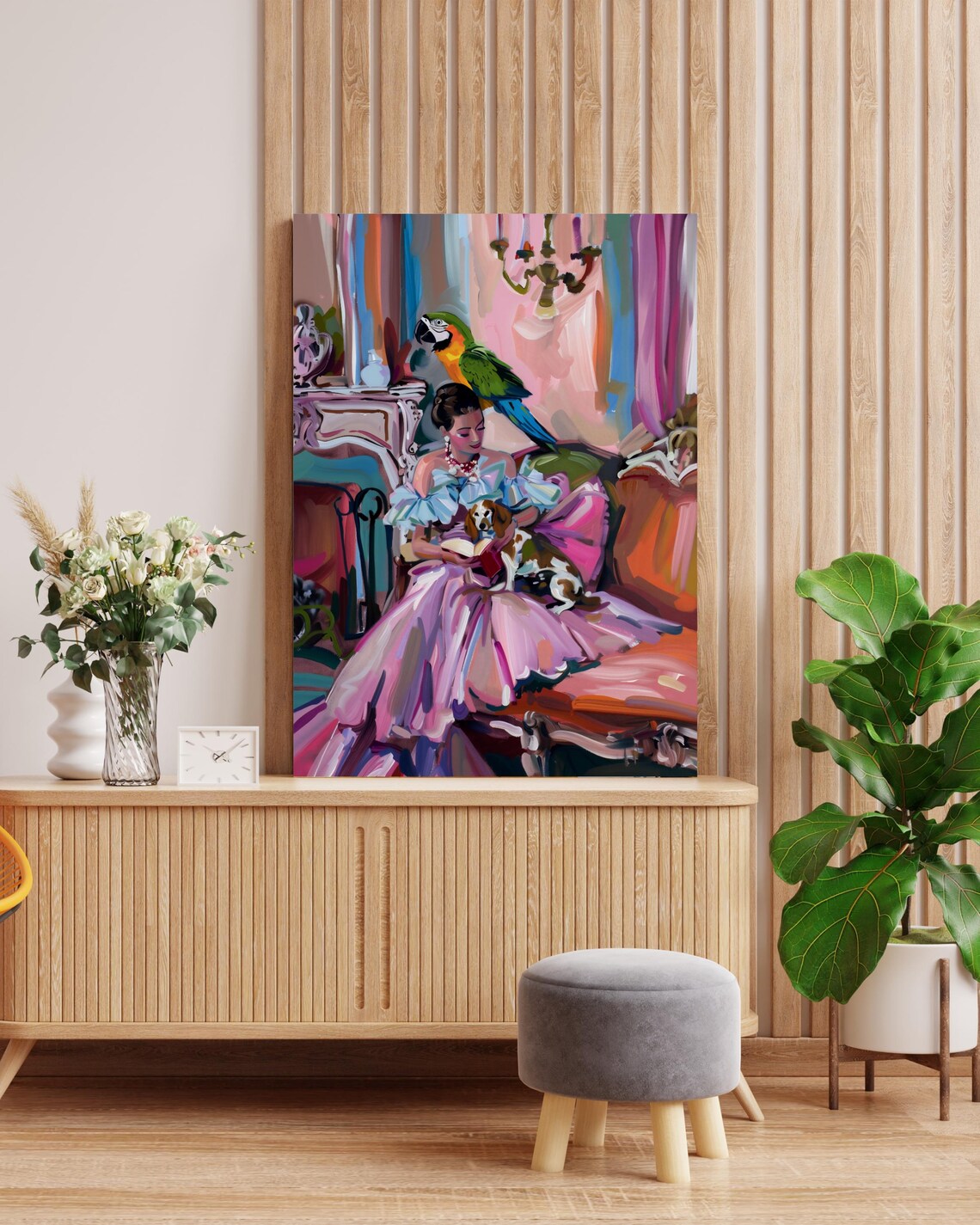 Lady in a Pink Gown With Her Dog and a Macaw Parrot Painting Poster - Image 3