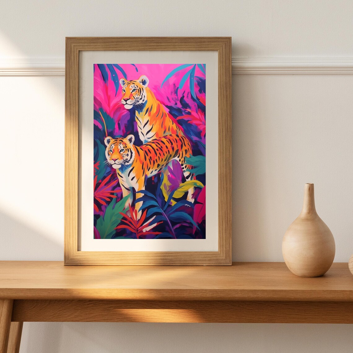 Pair Of Tigers In Neon Jungle Foliage Maximalist Wildlife Art Poster - Image 2