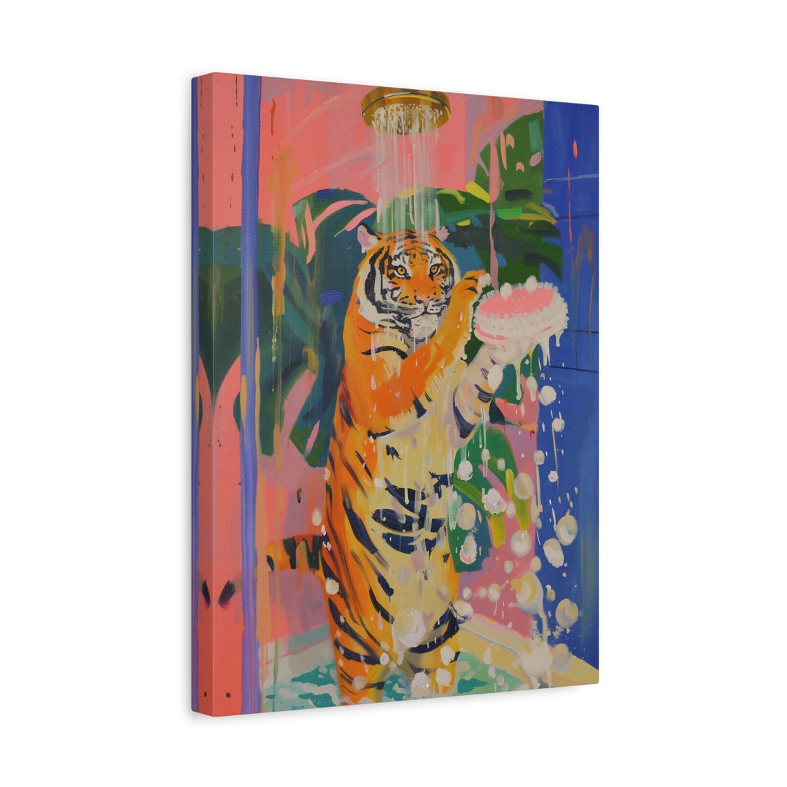 Cheerful Tiger Taking a Shower in a Colorful Jungle Bathroom Poster - Image 3
