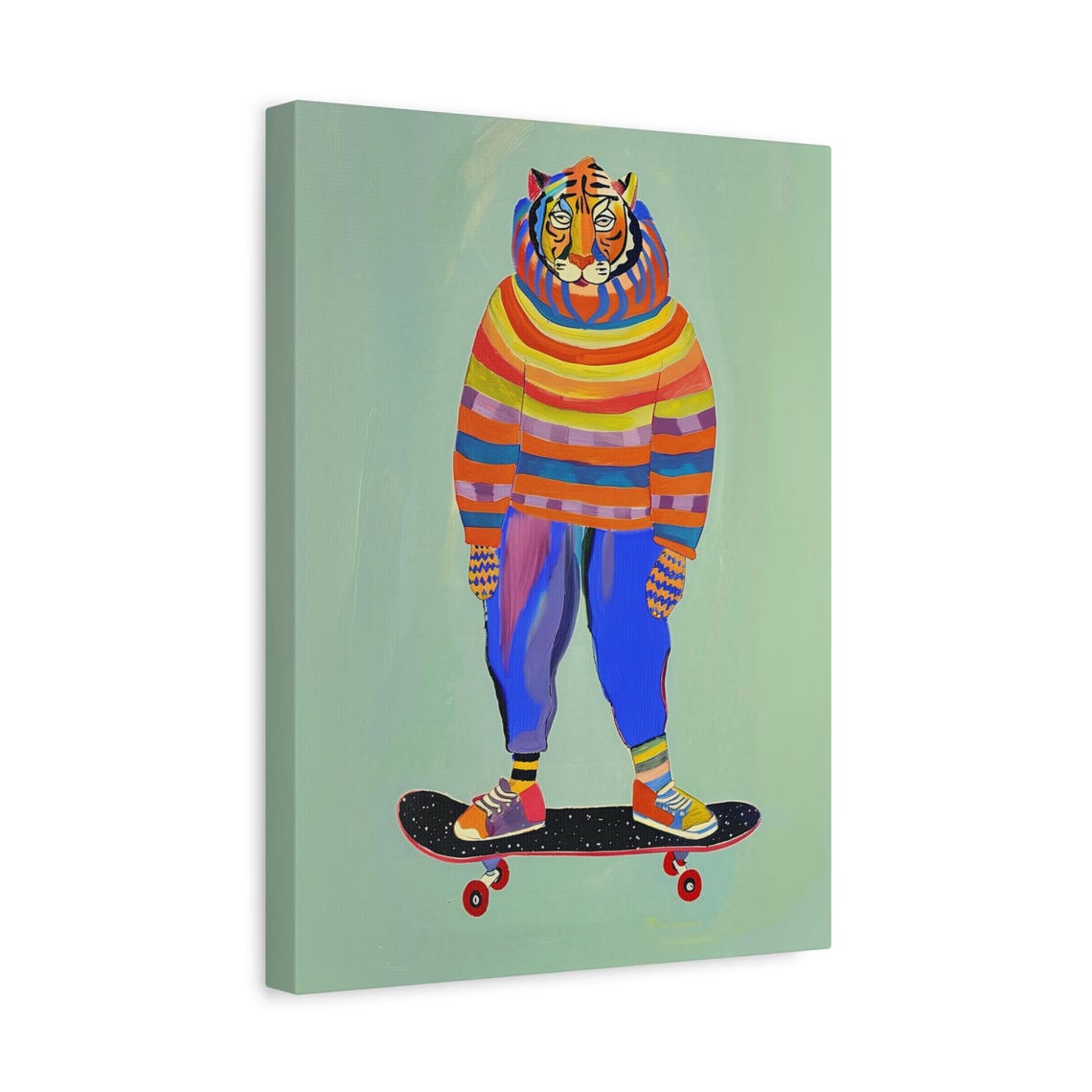 Hipster Tiger on a Skateboard Rainbow Striped Sweater Poster - Image 2