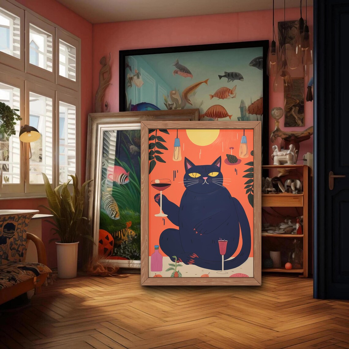 Smug Black Cat Sipping Cocktails at a Festive Party Art Poster - Image 2