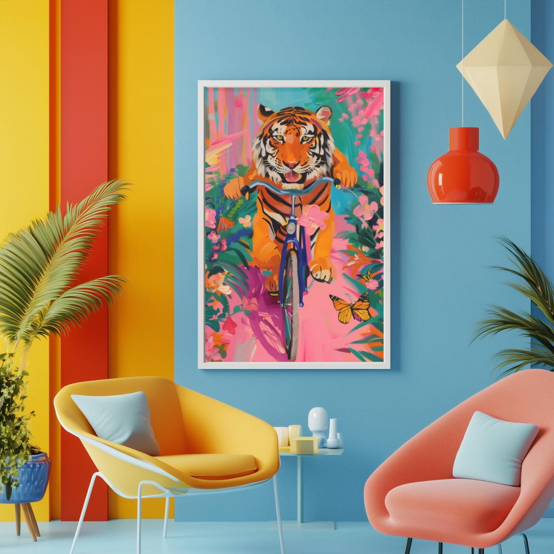 Happy Tiger Riding a Blue Bicycle Through Pink Jungle Poster - Image 3