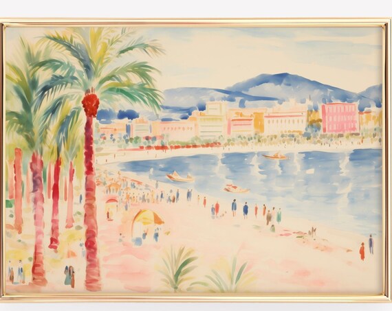 Multicolor Beach Seascape Painting Print Matisse Inspired Beach Art Coastal Wall Art Vintage Watercolor Decor
