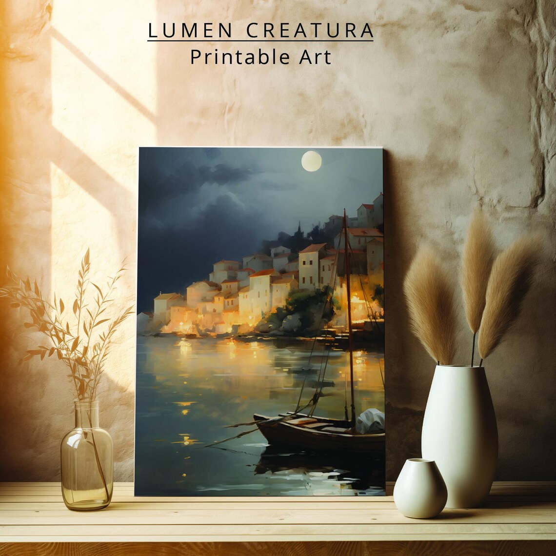 Moonlit Coastal Town, Serene Nightscape Art Print - Image 3