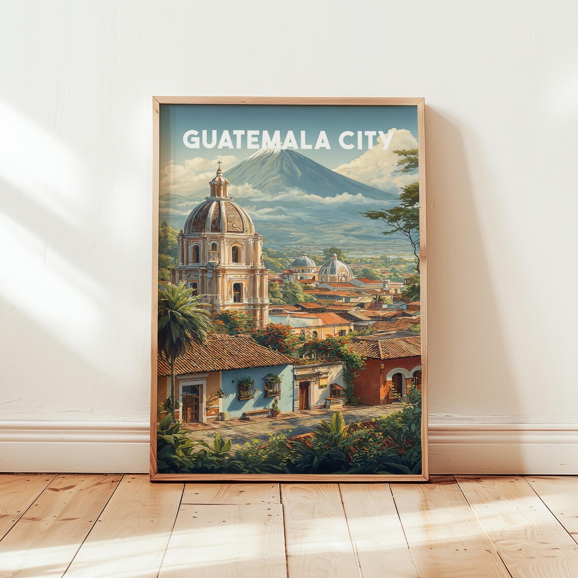 Guatemala City Vintage Travel Poster Volcano Cathedral Skyline Art