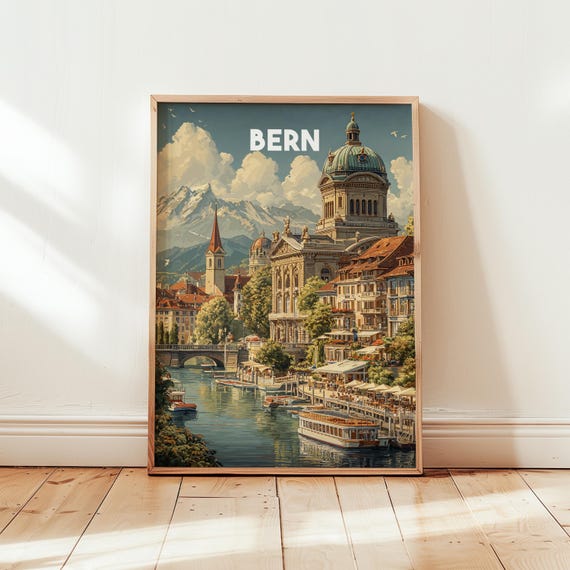 Vintage Bern Switzerland Travel Poster Wall Art Retro Swiss City Print Old Town Architecture Artwork Rhine River Decor