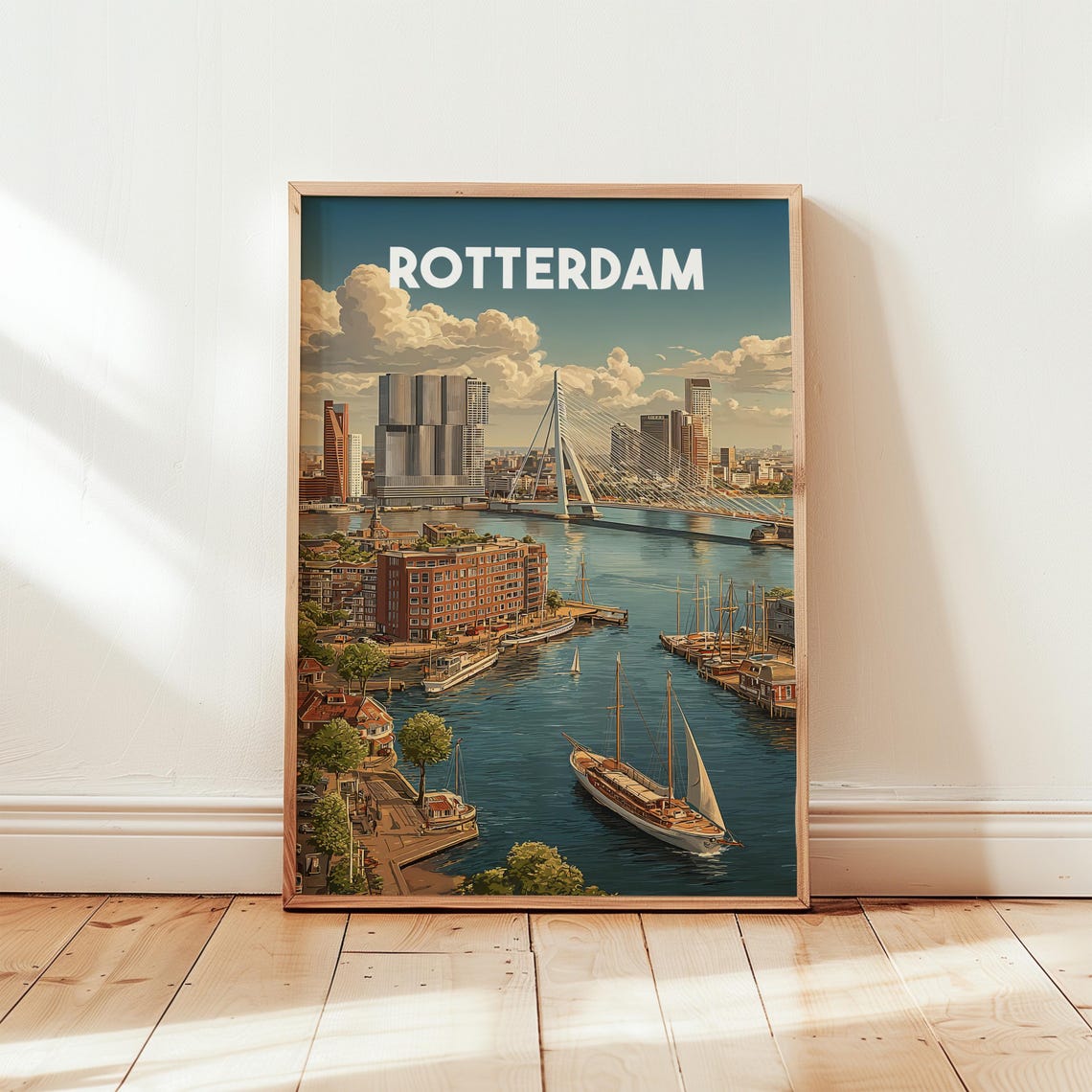 Rotterdam Netherlands Retro Travel Erasmus Bridge Skyline Print