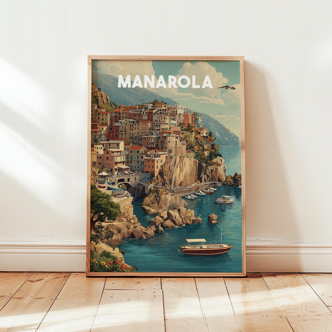 Manarola Cinque Terre Vintage Coastal Travel Poster Italy Art