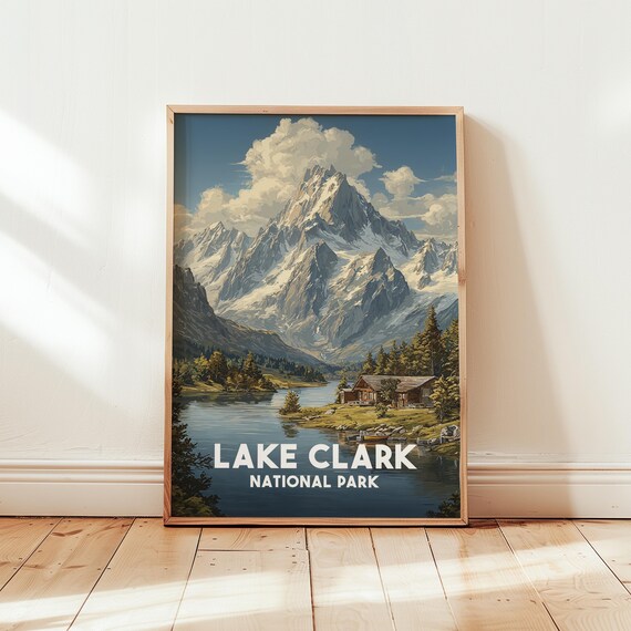 Lake Clark National Park Retro Travel Snowy Peak Lake Cabin Wall Art