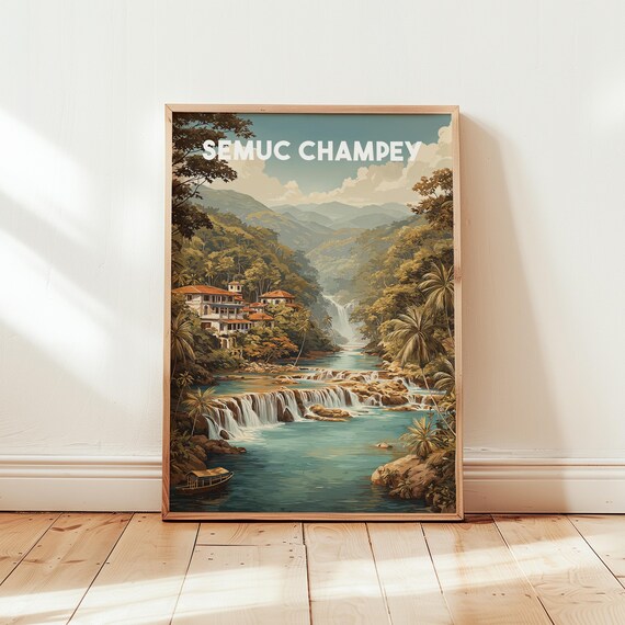 Semuc Champey Guatemala Vintage Travel Poster Jungle Waterfall Art