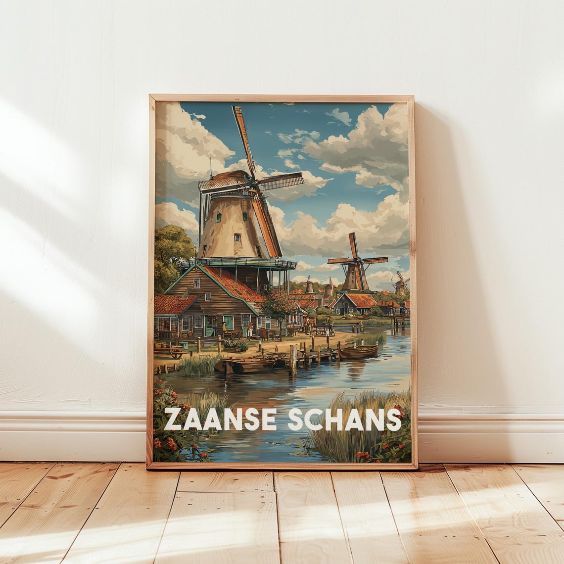 Zaanse Schans Dutch Windmills Canal Netherlands Vintage Travel Poster