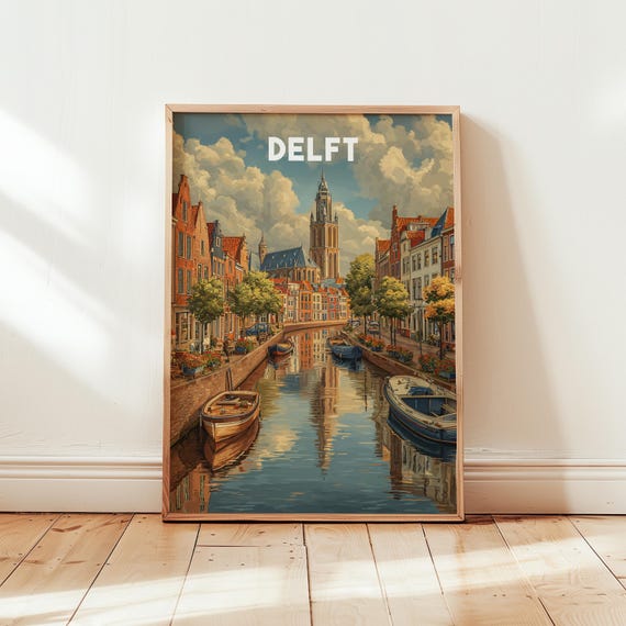Delft Travel Poster Wall Art Netherlands Cityscape Print Vintage Decor Retro Artwork Dutch Home